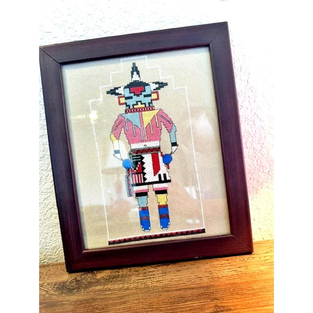 Vintage 1970s Finished Cross Stitch Art Kachina Style Geometric Needlework Frame